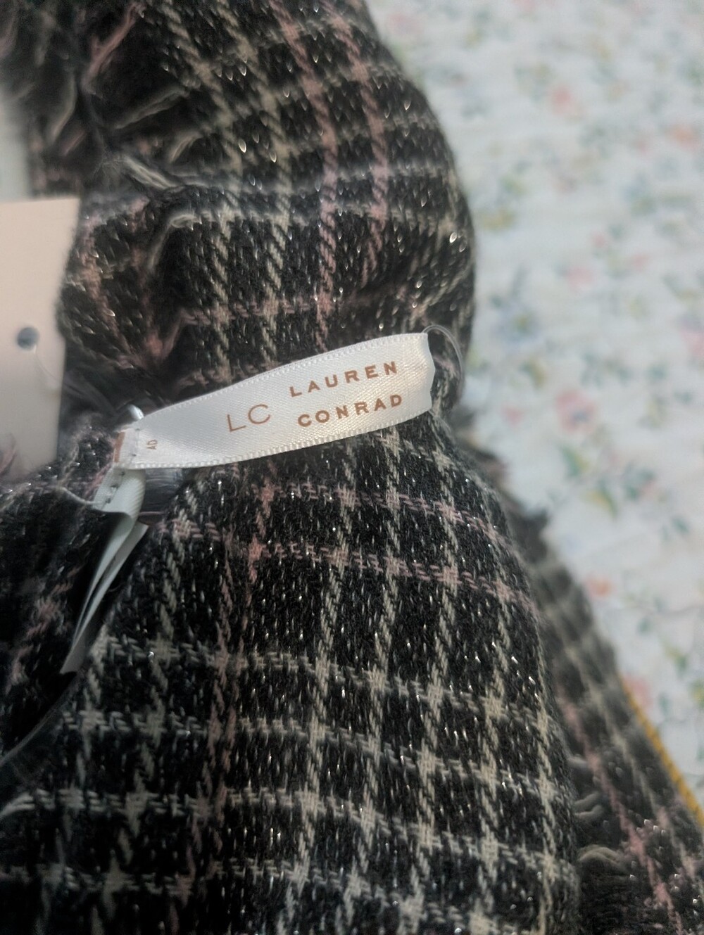 LC Lauren Conrad Black, Pink & Cream Plaid Knit Scarf with Metallic Thread